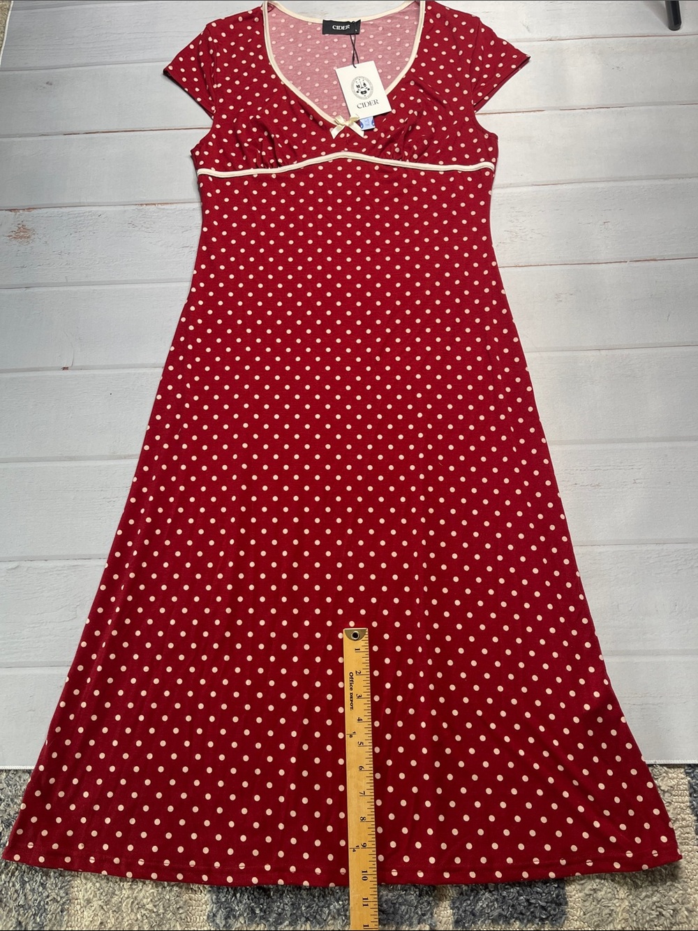New Cider Dress XL Brick Red Polka Dots Bow Stretch Cap Sleeves V-neck Sexy NWT - Picture 14 of 14